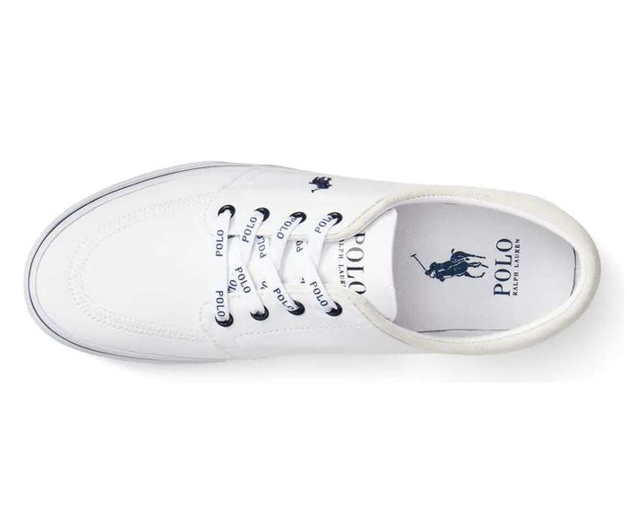 Polo Ralph Lauren Faxon X Canvas sneakers in white canvas with branded laces and embroidered logo, top view.
