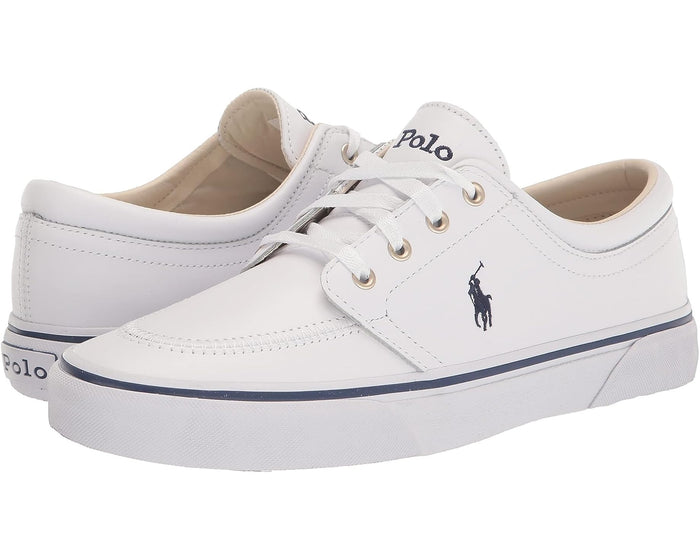 Polo Ralph Lauren Faxon X Leather sneakers, white leather upper with navy logo embroidery and matching white rubber soles, side angle.