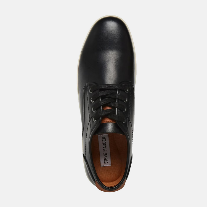 Steve Madden Fenta Leather shoes in black with a smooth leather upper, lace-up design, and tan interior, top view.