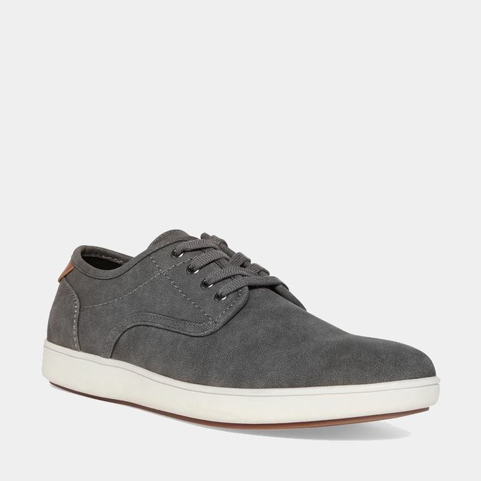 Steve Madden Fenta Suede shoes in gray suede with a lace-up design and white rubber sole, side front view.