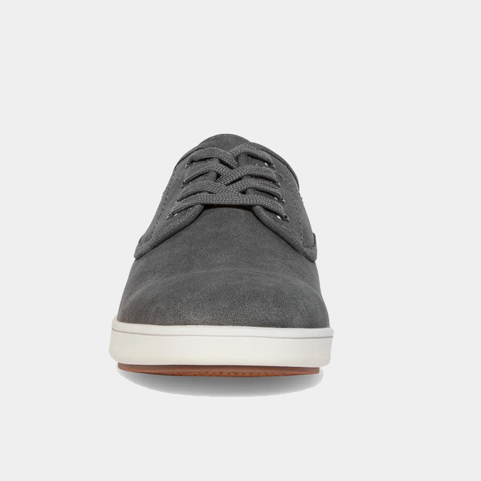 "Steve Madden Fenta Suede sneakers in gray suede with lace-up design and white rubber sole, front view"