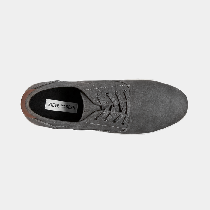 "Steve Madden Fenta Suede shoes in gray with a soft suede upper and lace-up design, top view"