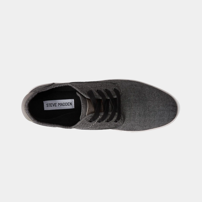 Steve Madden Fenta sneakers top view showing gray textile upper, black laces, and branded insole.