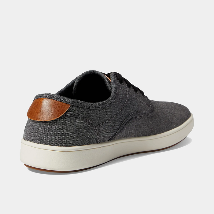 Steve Madden Fenta casual shoes in dark gray textile with brown leather heel detail and white midsole, back angle view