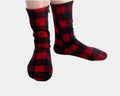 Polar Feet Fleece Socks in red and black buffalo plaid pattern, soft and warm fabric, foot and ankle view.