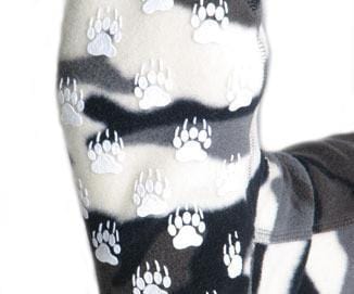 Polar Feet Fleece Socks with black, white, and gray paw print pattern in warm, soft fleece fabric, side close-up view.