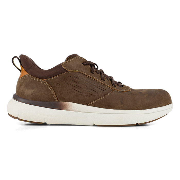 Florsheim Work Fleet Work Comp Toe Oxford shoes in brown leather with perforated sides and white cushioned sole, side view.