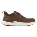 Florsheim Work Fleet Work Comp Toe Oxford shoes in brown leather with perforated sides and white cushioned sole, side view.