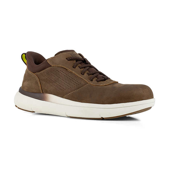 Florsheim Work Fleet Work Comp Toe Oxford shoes in brown leather with perforated side detailing and white cushioned sole, side/front view.