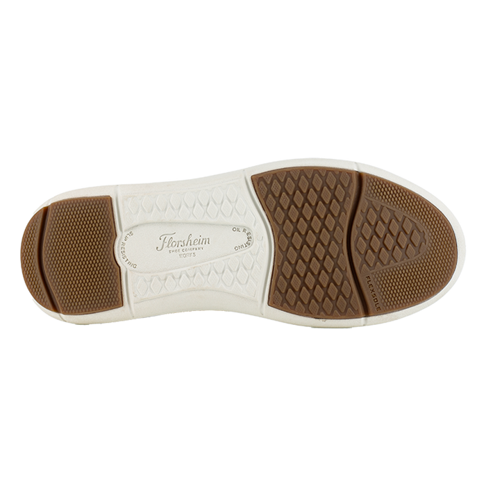 Florsheim Work Fleet Work Comp Toe Oxford outsole in white and tan with slip-resistant tread and flex grooves, bottom view.
