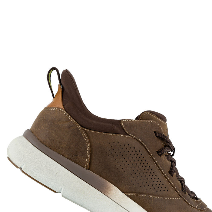 Florsheim Work Fleet Work Comp Toe Oxford shoes in brown leather with perforated side panels and white outsole, side view.