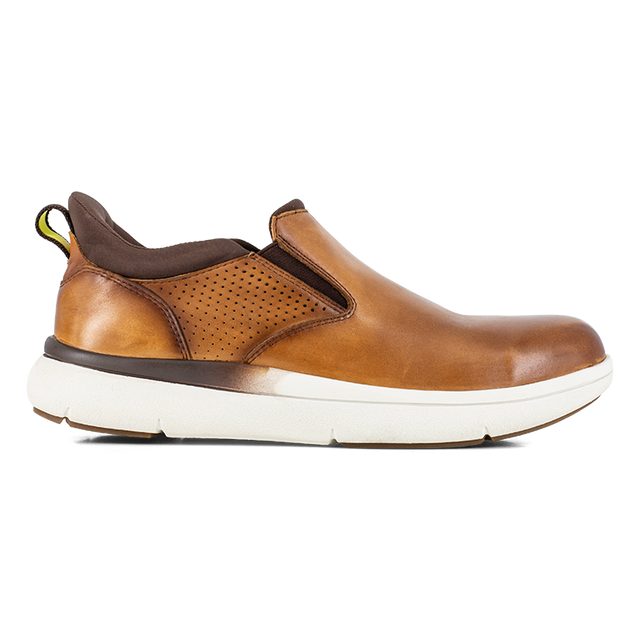Florsheim Work Fleet Work Comp Toe Slip On shoes in tan and brown leather with perforated sides, side view.