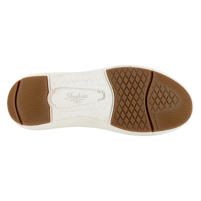 Florsheim Work Fleet Work Comp Toe Slip On outsole with slip-resistant rubber and tread pattern in brown and white, sole/bottom view.