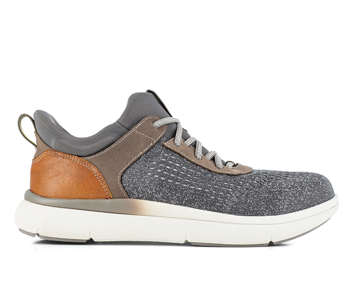 Florsheim Work Fleet Work Comp Toe Sneaker, gray knit upper with brown leather accents and white slip-resistant outsole, side view.
