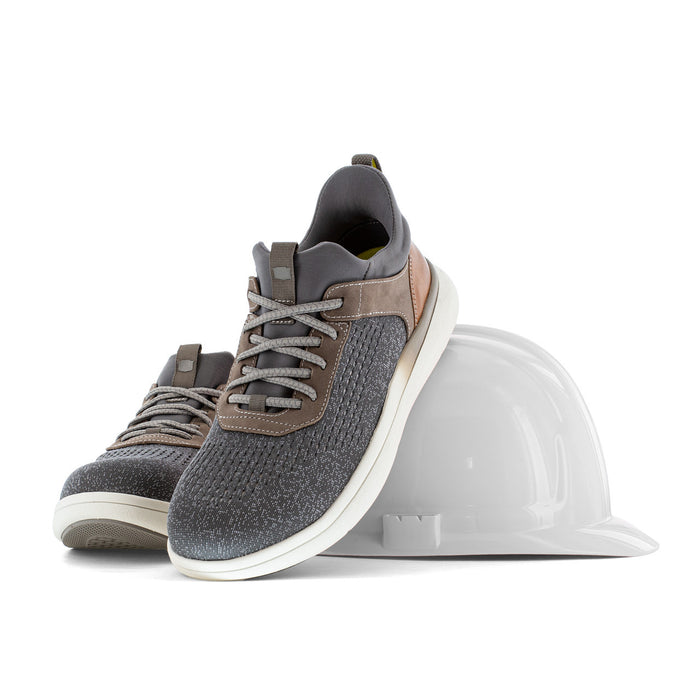 Florsheim Work Fleet Work Comp Toe Sneaker in gray and brown with textured mesh upper, composite toe, and white midsole, front angle.