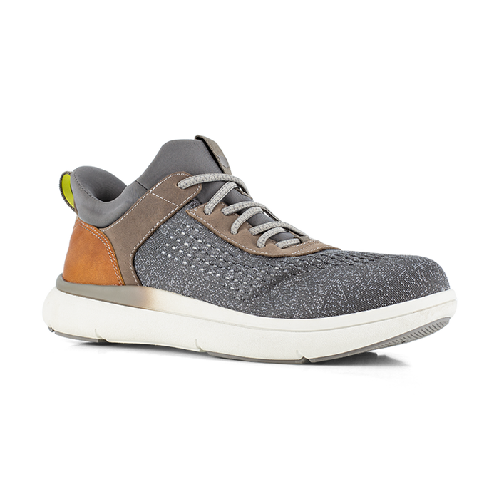 Florsheim Work Fleet Work Comp Toe Sneaker in gray with reinforced toe, mesh upper, brown accents, and white rubber outsole, side angle.