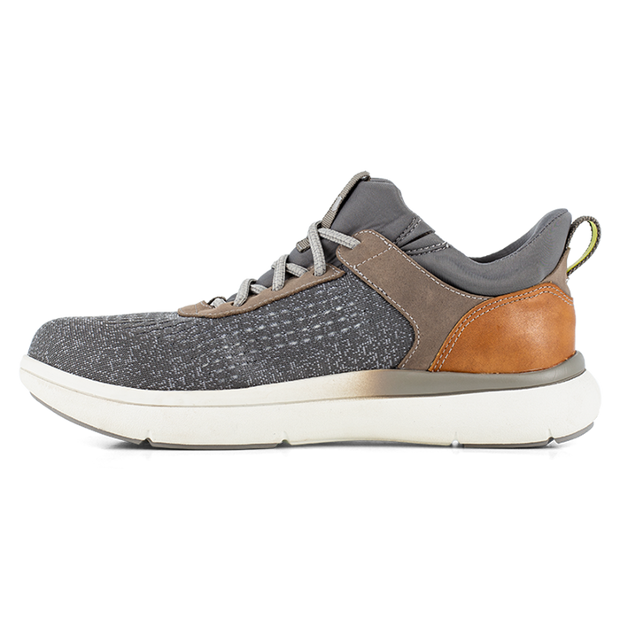 Florsheim Work Fleet Work Comp Toe Sneaker in gray knit upper with tan leather accents, white outsole, side view.