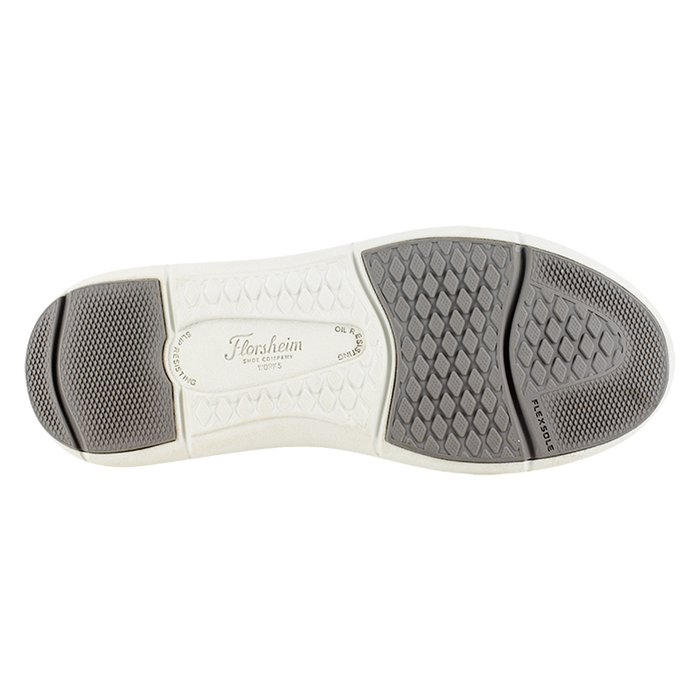 Florsheim Work Fleet Work Comp Toe Sneaker outsole, featuring white rubber with gray slip-resistant tread and Flex-Sole technology.