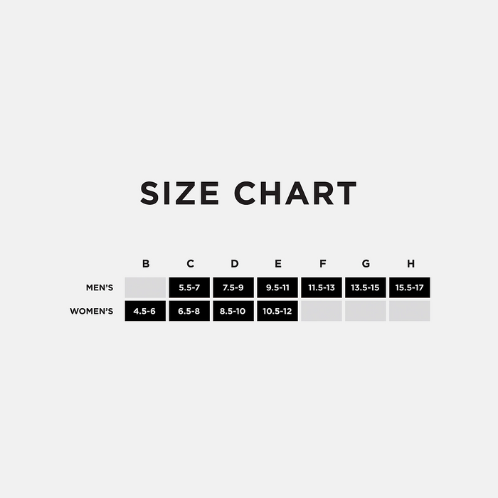 New Balance Flex Cushion Insoles size chart for men's and women's sizes displayed on a gray background.