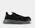 Reebok Work Flexagon 3.0 work shoes in black with mesh upper, reinforced heel, and gray flex-patterned sole, side view.