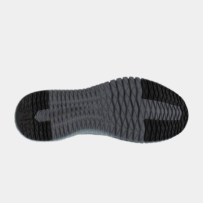 Reebok Work Flexagon 3.0 outsole in gray and black with textured tread pattern and flex grooves for enhanced grip and flexibility.