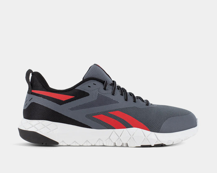 Reebok Work Flexagon Force XL Work shoes in gray, black, and white with red accents and slip-resistant outsole, side view.
