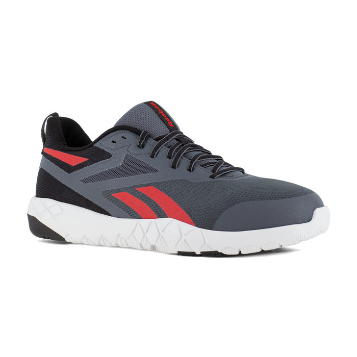 Reebok Work Flexagon Force XL work shoes in gray with red accents, lightweight mesh upper and white cushioned outsole, angled front view.