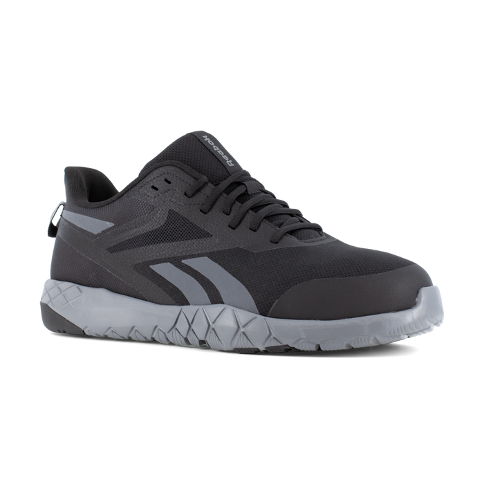 Reebok Work Flexagon Force XL Work shoes in dark gray and black with a breathable mesh upper and slip-resistant sole, angled side view.
