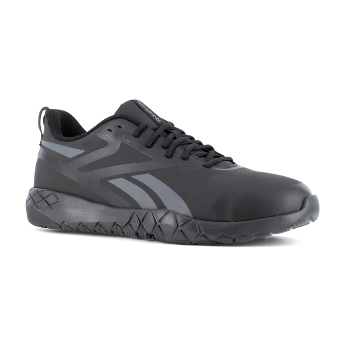 Reebok Work Flexagon Force XL Work shoes in black with a sleek design, durable upper, and textured outsole, side view.