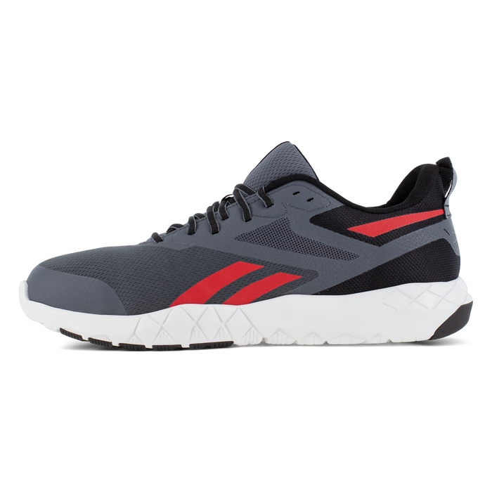 Reebok Work Flexagon Force XL Work shoes in gray and black with red accents and white cushioned outsole, side view.