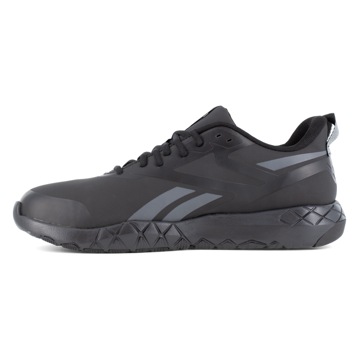 Reebok Work Flexagon Force XL Work shoes in black with gray accents, lightweight design with slip-resistant outsole, side view.