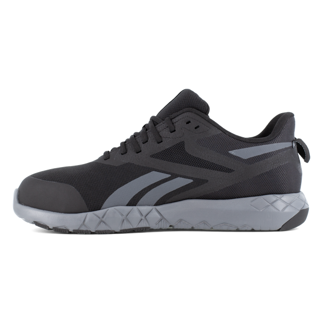 Reebok Work Flexagon Force XL Work shoes in black and gray with mesh upper and flexible sole, side view.