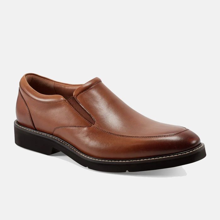 Rockport Folton Almond Toe Slip On shoes in polished tan leather with elastic side gussets and contrast stitching, side view.