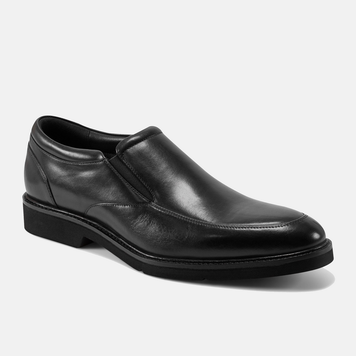 Rockport Folton Almond Toe Slip On shoes in sleek black leather with subtle stitching and a cushioned sole, front-side view.