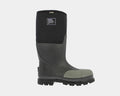 Bogs Forge Steel Toe boots in black and gray with a durable rubber upper, safety toe protection, and slip-resistant outsole, side view.
