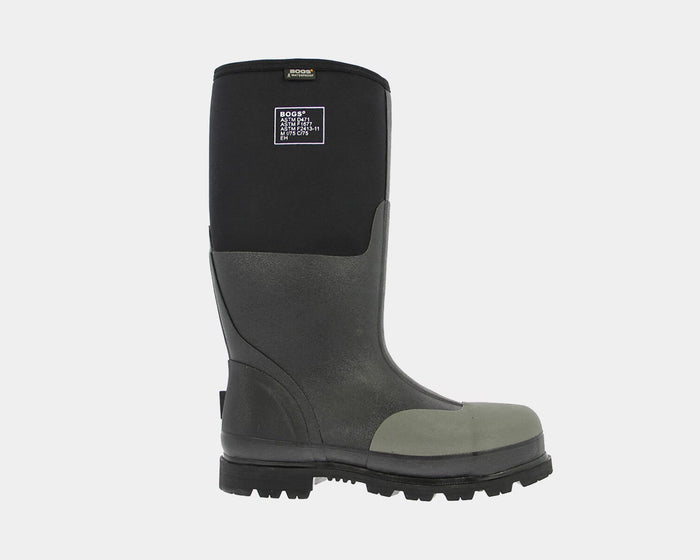 Bogs Forge Steel Toe boots in black and gray with a durable rubber upper, safety toe protection, and slip-resistant outsole, side view.