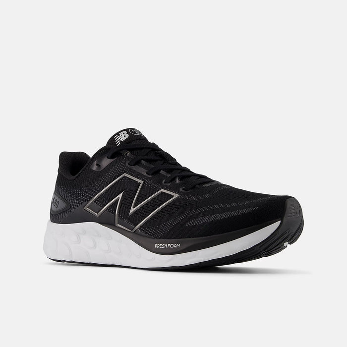 New Balance Fresh Foam 680v8 running shoes in black with mesh upper, Fresh Foam cushioning, and white midsole, side angle.