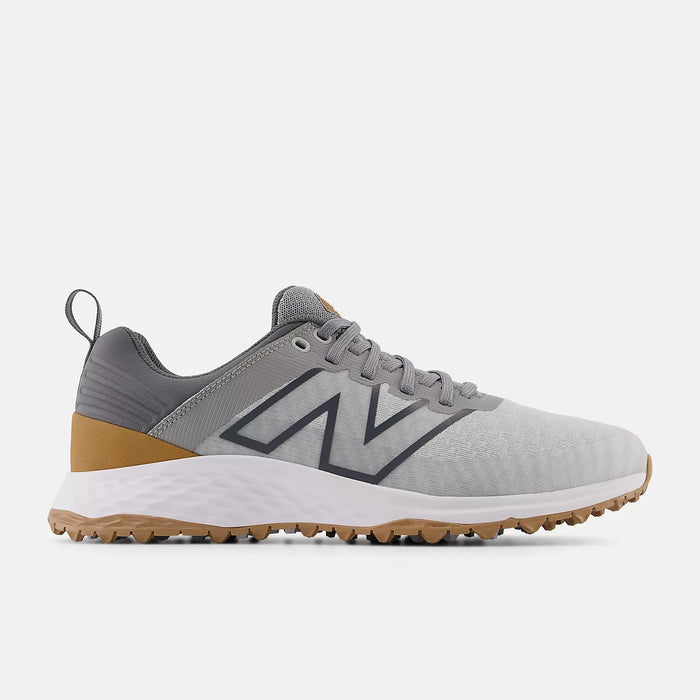 New Balance Golf Fresh Foam Contend v2 golf shoes in gray with white midsoles and gum rubber outsoles, side view.
