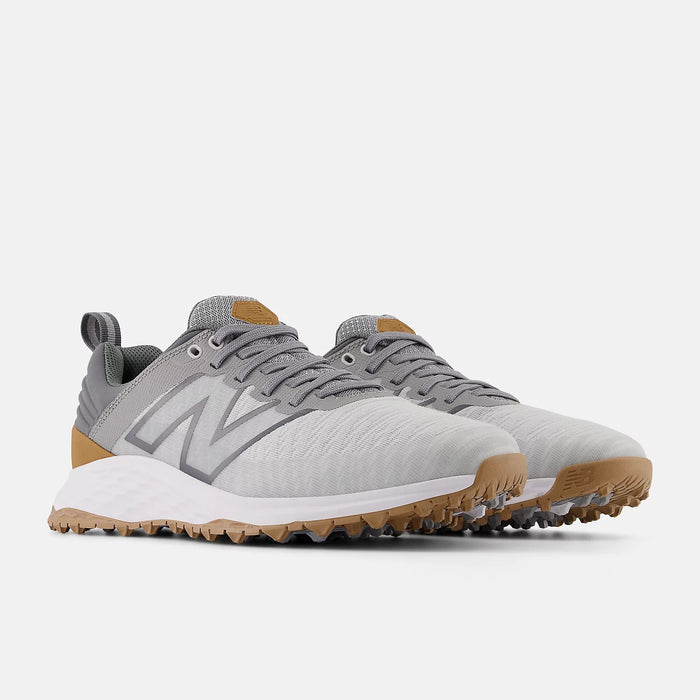 New Balance Golf Fresh Foam Contend v2 golf shoes in light gray with mesh upper, gum outsole, and padded collar, front angle view.