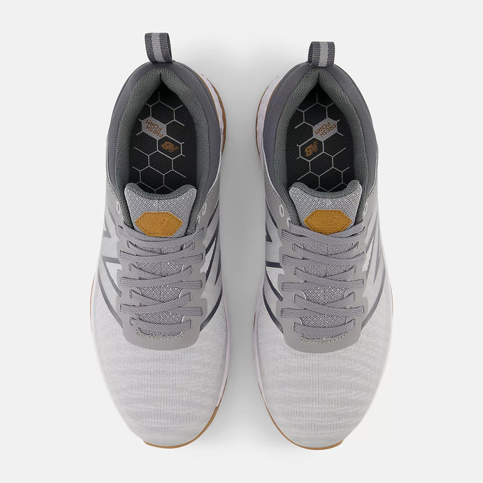 New Balance Golf Fresh Foam Contend v2 golf shoes top view, featuring gray mesh upper, hexagonal-patterned insole, and tan accents.