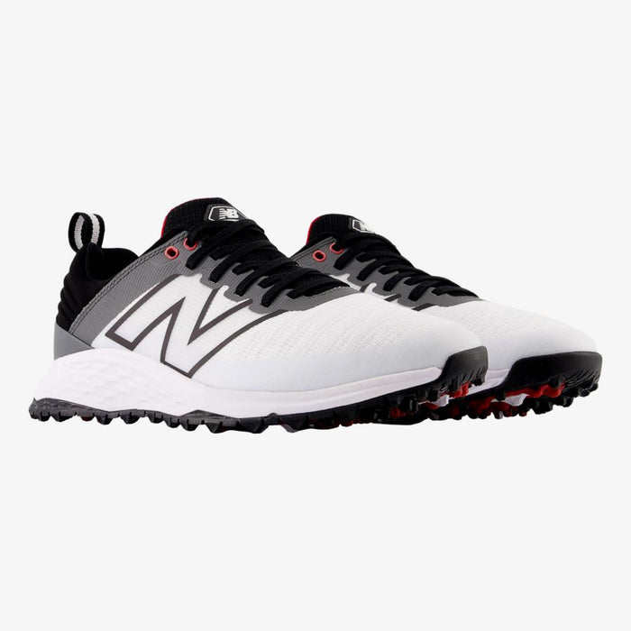 New Balance Golf Fresh Foam Contend v2 golf shoes in white, black, and gray with durable spiked outsole and lightweight mesh upper, front angle view.