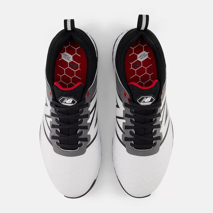 New Balance Golf Fresh Foam Contend v2 golf shoes in white and black with hexagonal-patterned red insole and mesh upper, top view.
