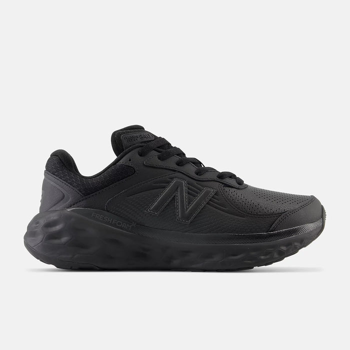 New Balance Fresh Foam X 840F Slip Resistant shoes in all-black with leather upper, Fresh Foam cushioning, and slip-resistant outsole, side view.