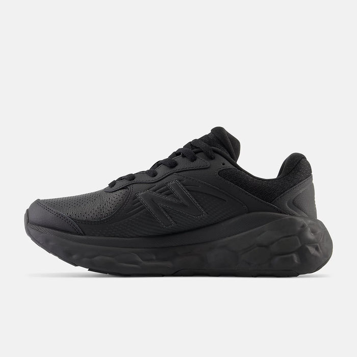 New Balance Fresh Foam X 840F Slip Resistant shoes in all-black with a smooth leather upper and textured foam sole, side view.