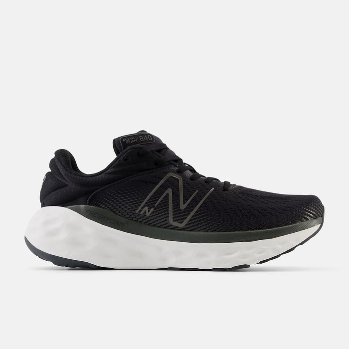 New Balance Fresh Foam X 840v1 running shoes in black with mesh upper, Fresh Foam midsole, and side view highlighting logo detailing.