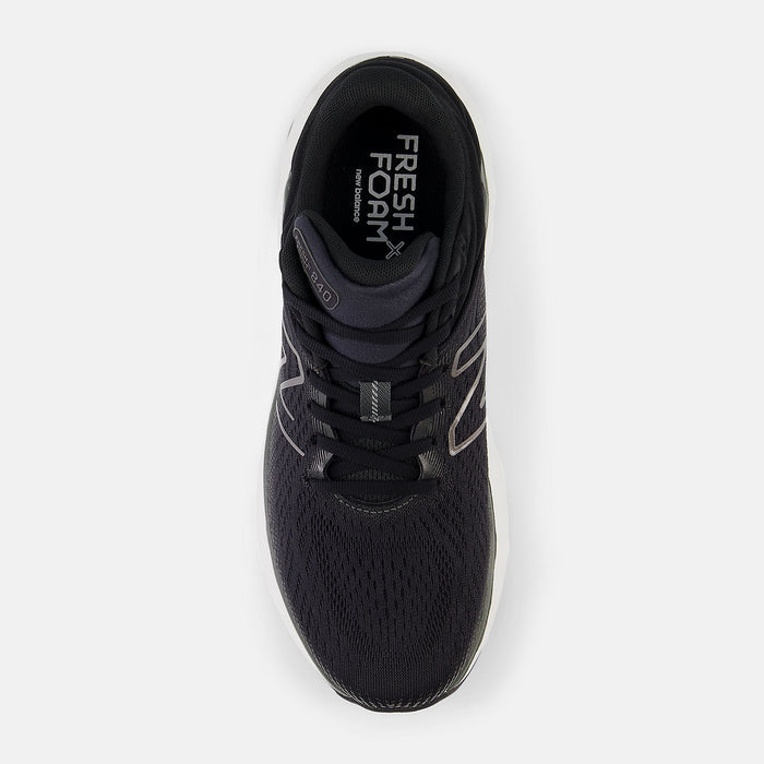 New Balance Fresh Foam X 840v1 running shoes in black with mesh upper and lace system, top view.