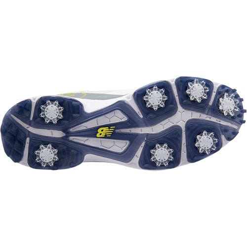 New Balance Golf Fresh Foam X Defender golf shoes outsole with removable cleats, navy and white rubber design, sole view.