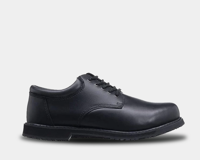 Grabbers Friction shoes in black with a polished leather upper, lace-up design, and slip-resistant outsole, side view.
