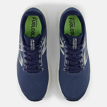 New Balance FuelCell Propel v5 running shoes top view, navy blue mesh upper with white details and green insoles