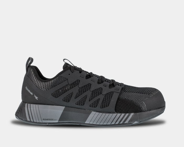 Reebok Work Fushion Flexweave™ Work shoes in black with Flexweave mesh upper, supportive overlays, and gray Floatride Energy sole, side view.